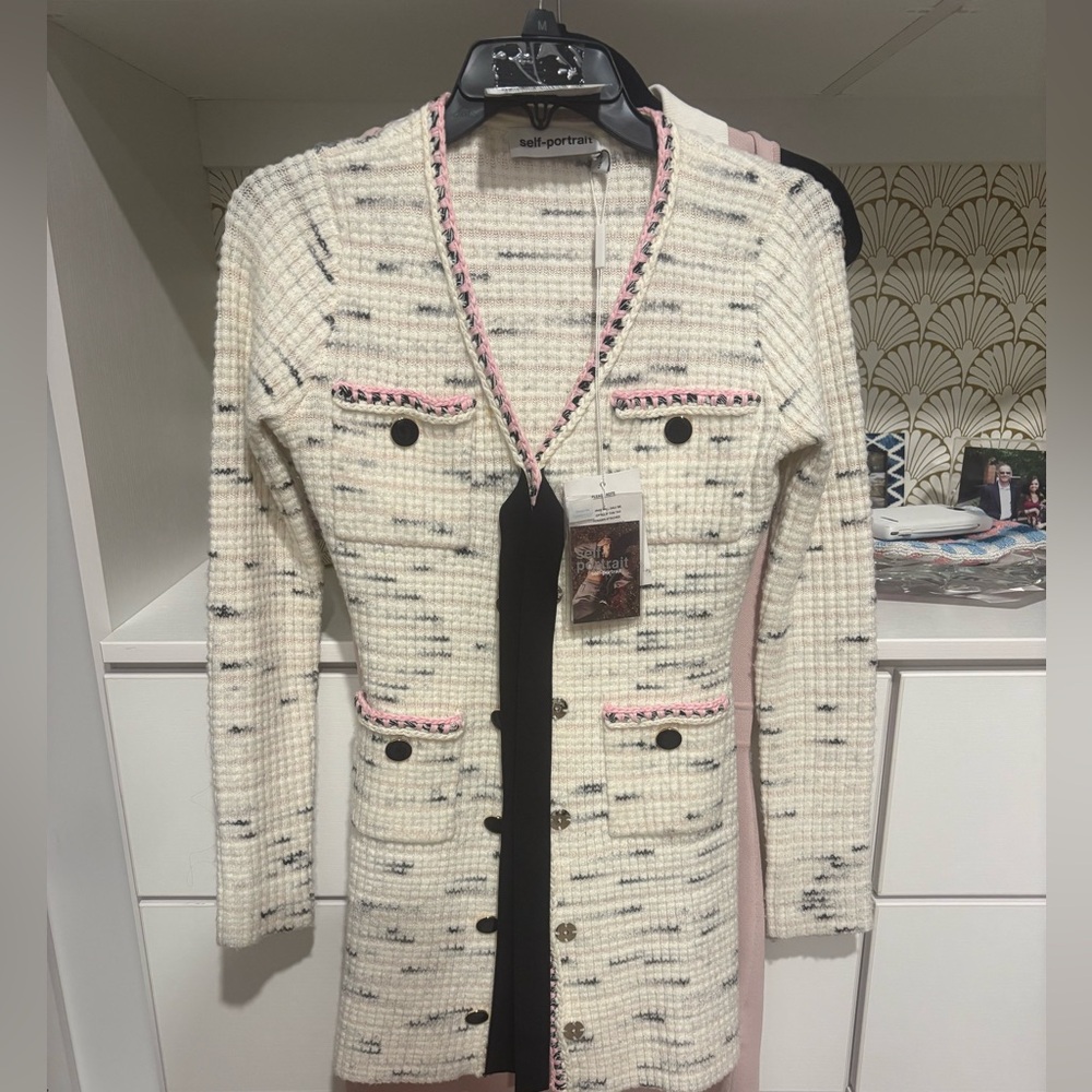 Self-Portrait Cream and Pink Knit Cardigan
